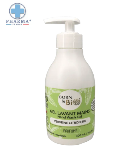 Bottle of born to biocitron gel lavant mains verveine citron certifié bio 300 ml with green label and pump dispenser