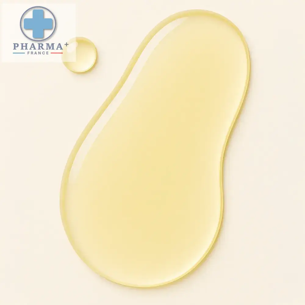 Un goutte de liquide jaune pâle translucide huile sèche certifiée biologique soin ricin né pour bi huile de soin ricin