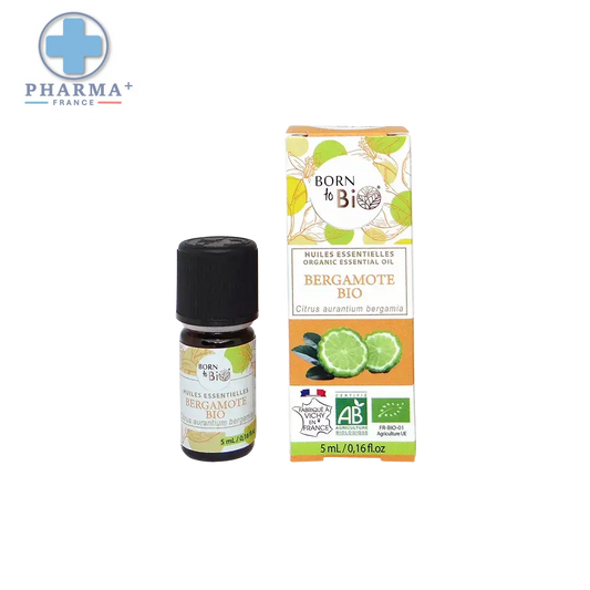 Huile essentielle bergamote certifiée bio en flacon verre 5 ml avec bouchon noir et emballage bborn visible