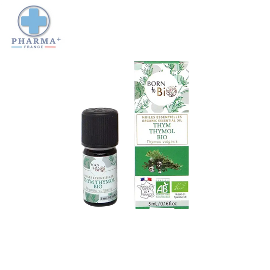 Huile essentielle de thym thymol bio born to bioc en flacon compte-goutte en verre foncé avec emballage vert et blanc