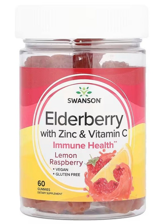 Swanson Elderberry Gummies with Zinc &amp; Vitamine C, Lemon Raspberry - 60 gummies – Complément Alimentaire au Zinc
