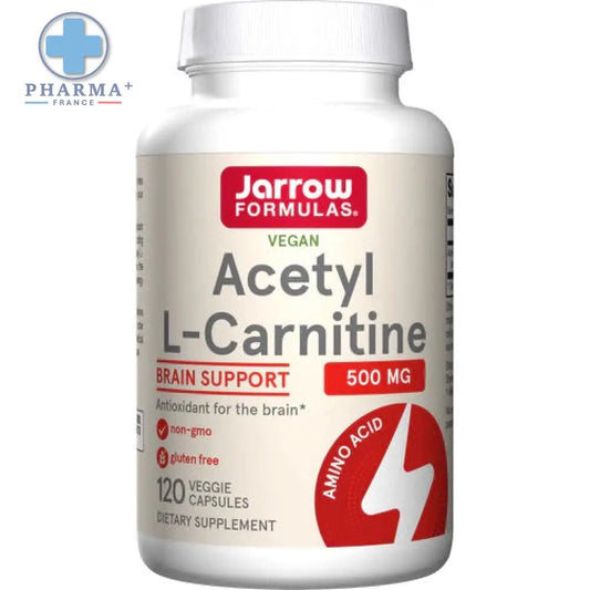Bouteille blanche en plastique de jarrow formulas acetyl l-carnitine 500 mg 120 gélules végétales soutien cérébral