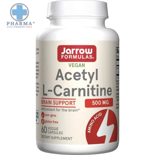 Bouteille blanche en plastique de jarrow formulas acetyl l-carnitine 500 mg complément alimentaire avec étiquette rouge et blanche