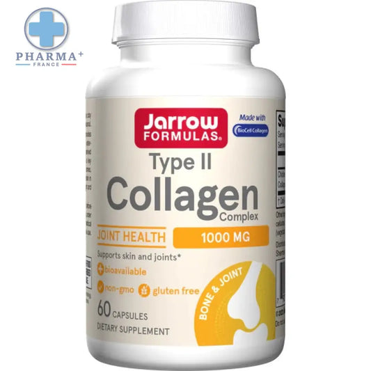 Bouteille blanche en plastique de jarrow formulas type ii collagen complex avec étiquette blanche aux accents orange rouge jaune pour complément collagène type ii 60 gélules