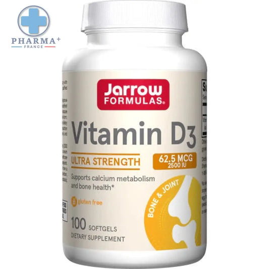 Bouteille blanche de jarrow formulas vitamine d3 ultra force 62,5 mcg capsules molles pour calcium avec étiquette orange