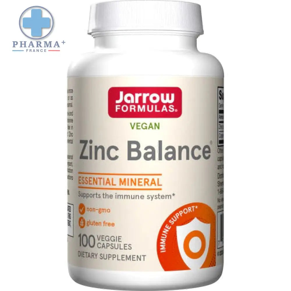 Bouteille blanche en plastique de jarrow formulas zinc balance complément alimentaire avec étiquette rouge orange vert