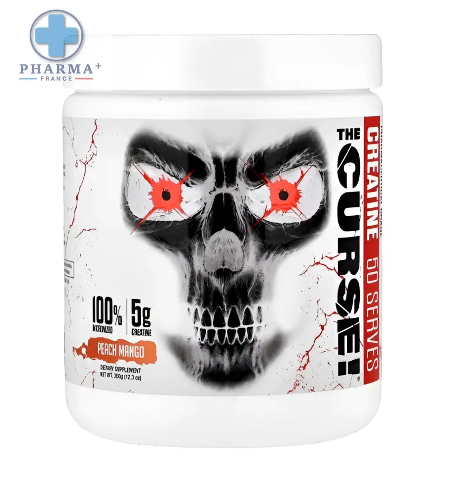 Flacon plastique blanc jnx sports the curse creatine 50 doses avec logo crane noir et rouge pour musculation peach mango