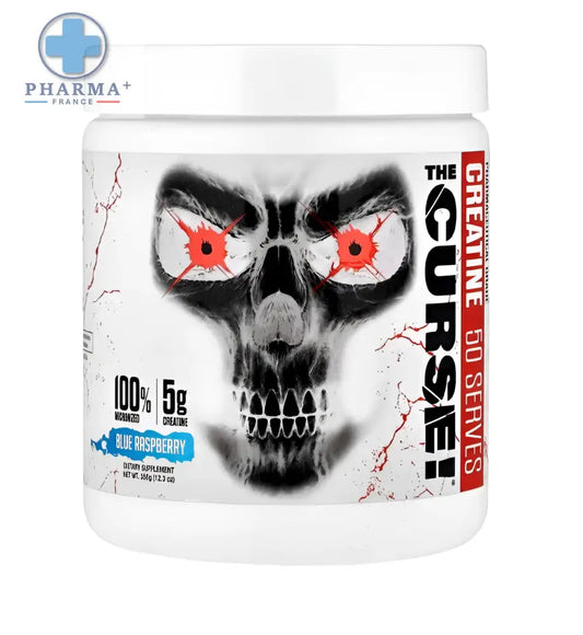 Conteneur plastique blanc jnx sports the curse créatine monohydrate 50 doses avec design crâne noir et rouge