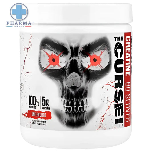 Conteneur blanc en plastique jnx sports the curse créatine monohydrate 300 g design crâne noir et rouge yeux lumineux