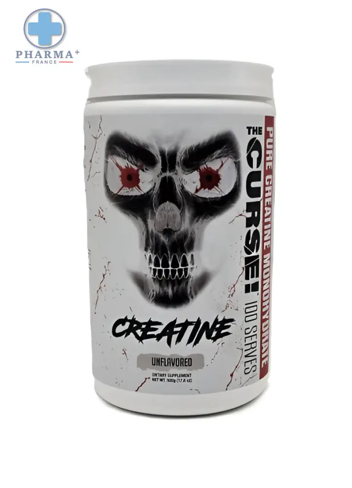 Conteneur blanc cylindrique de jnx sports the curse créatine pure en poudre 300 g avec graphique de crâne noir et rouge fissuré