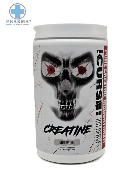 Conteneur blanc cylindrique de jnx sports the curse créatine pure en poudre 300 g avec graphique de crâne noir et rouge fissuré