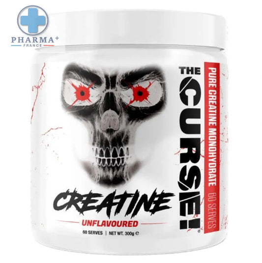 Conteneur blanc cylindrique jnx sports the curse créatine pure en poudre 300 g avec graphique crâne rouge et noir