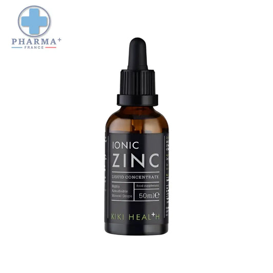 Une bouteille en verre ambre avec un compte-gouttes noir étiquette kiki health complément alimentaire zinc ionique liquide 50 ml