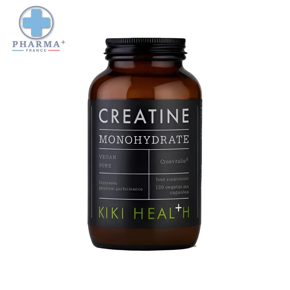 Bouteille en verre ambré foncé avec bouchon noir et étiquette noire kiki health créatine monohydrate complément alimentaire poudre