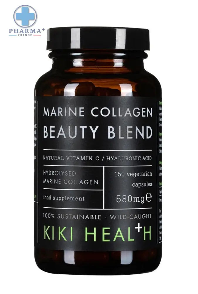 Bouteille en verre ambre foncé kiki health marine avec bouchon noir pour complément alimentaire beauté collagène marin 200 g