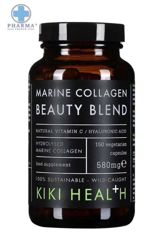 Bouteille en verre ambre foncé kiki health marine avec bouchon noir pour complément alimentaire beauté collagène marin 200 g