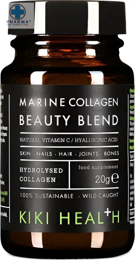 Bouteille en verre ambré foncé avec bouchon noir et étiquette kiki health marine collagène complément alimentaire en poudre