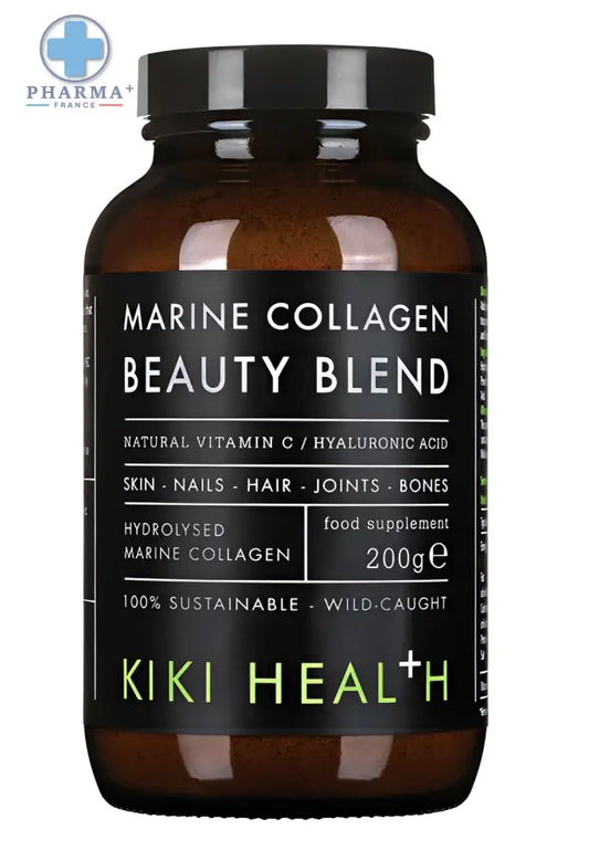 Bouteille en verre ambré foncé avec bouchon noir et étiquette kiki health marine pour complément alimentaire collagène poudre 200 g