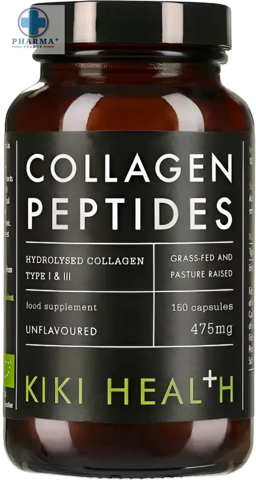 Bouteille en verre ambré foncé avec étiquette noire et capsule argentée contenant peptides de collagène kiki health