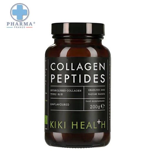 Flacon en verre ambré foncé avec capsule noire et étiquette kiki health peptides poudre collagène en blanc
