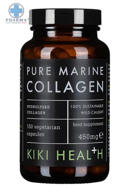 Flacon en verre ambre foncé kiki health pure marine collagen avec bouchon noir et étiquette verte pour complément alimentaire poudre