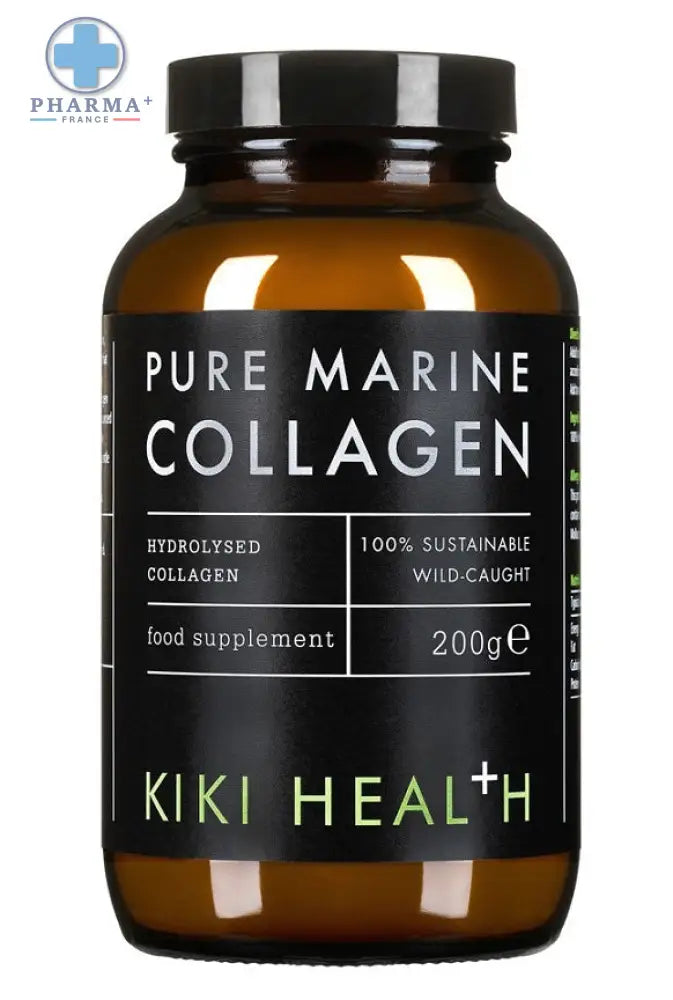 Un flacon en verre ambré avec bouchon noir de kiki health pure marine collagen complément beauté poudre 200 g