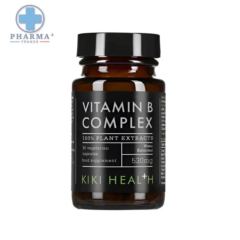 Bouteille en verre ambré foncé kiki health vitamine b complex avec capsule noire et étiquette blanche pour complément alimentaire