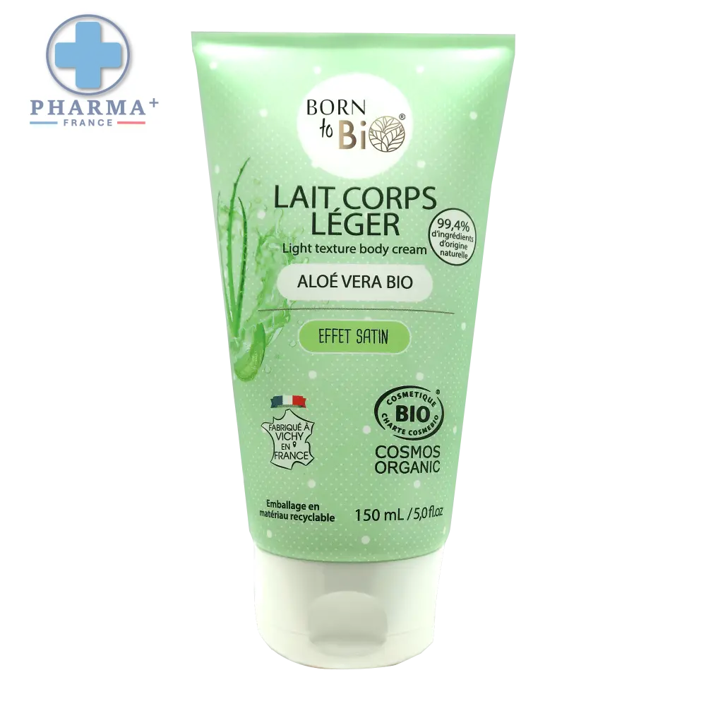 Tube de lait corporel hydratant born to bi vert clair avec capuchon blanc à l aloe vera certifié bio effet satin