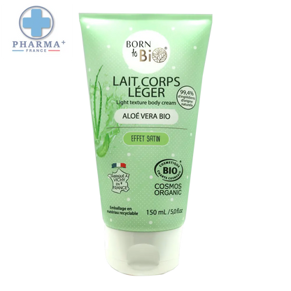 Tube de lait corporel hydratant born to bi vert clair avec capuchon blanc à l aloe vera certifié bio effet satin