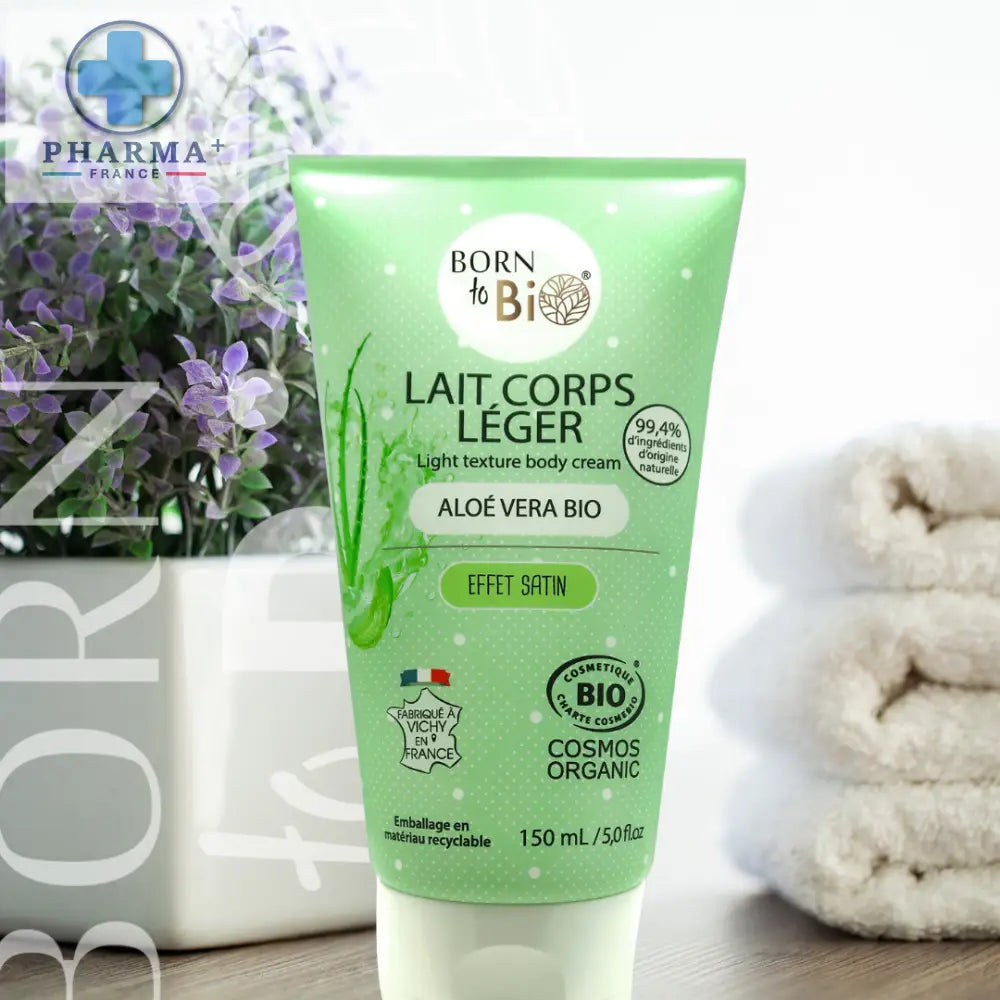 Tube vert de lait corporel born to bi texture fraîche à l’aloe vera certifié bio effet satin fabriqué en france