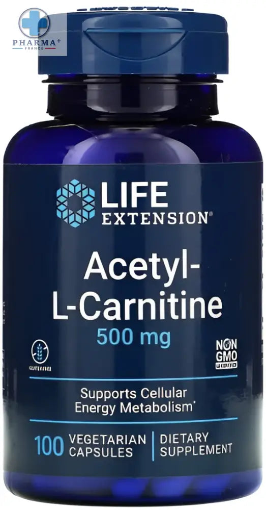 Bouteille bleue de complément alimentaire life extension acetyl-l-carnitine 500 mg contenant 100 capsules végétariennes