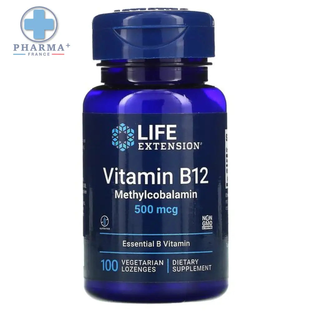 Bouteille bleue de compléments pastilles vegetarian life extension b12 methylcobalamin 500 mcg pour supplémentation