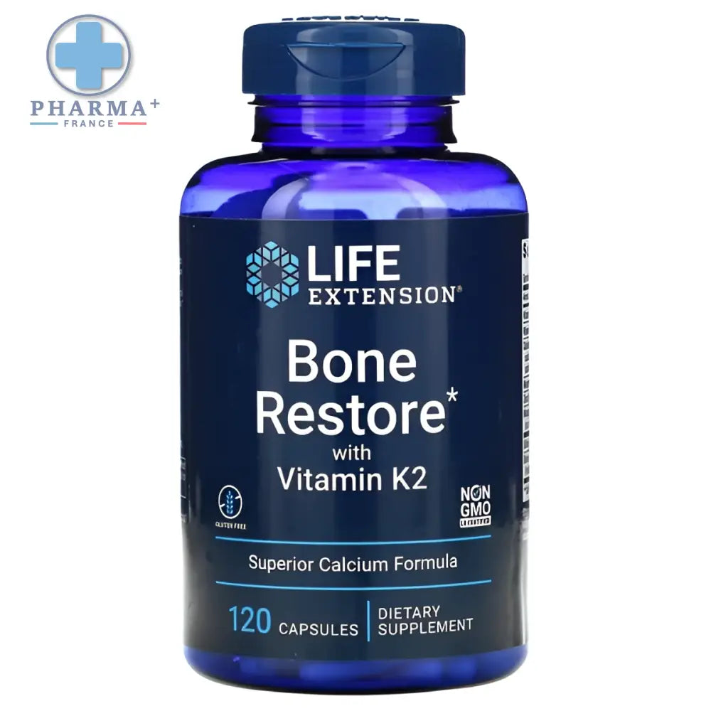 Bouteille en verre bleu life extension bone restore avec complément alimentaire vitamine k2 120 gélules