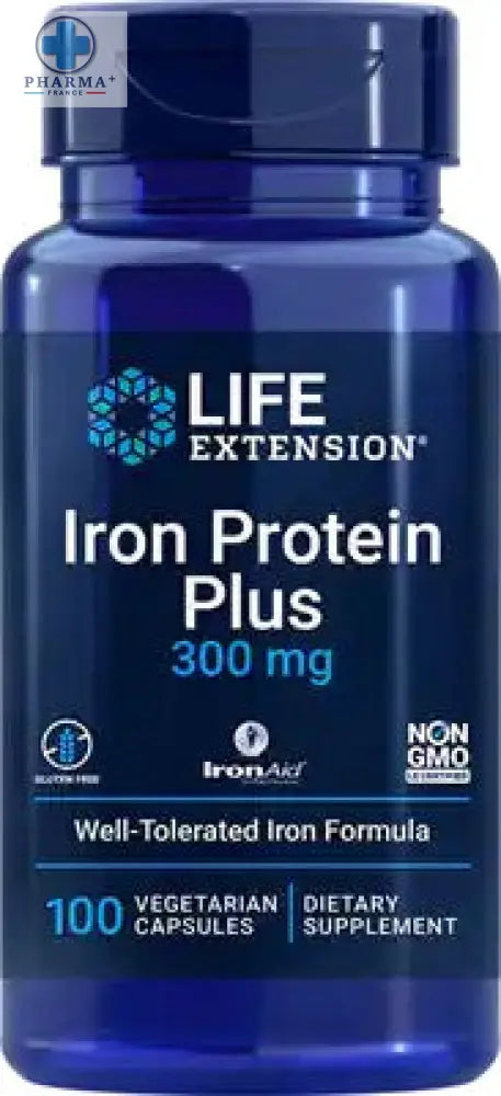 Bouteille bleue en plastique life extension iron protéine 300 mg complément alimentaire avec bouchon noir et étiquette blanche