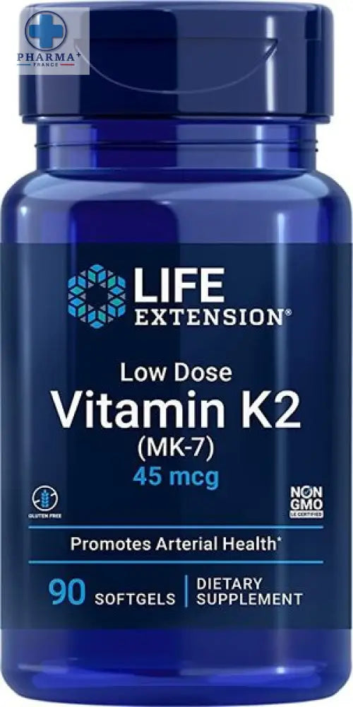 Bouteille bleue en plastique life extension low dose vitamine k2 mk7 complément alimentaire 90 gélules softgels