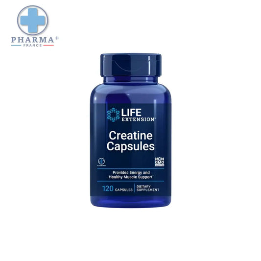 Flacon plastique bleu de life extension créatine gélules pour la performance 120 gélules avec étiquette blanche