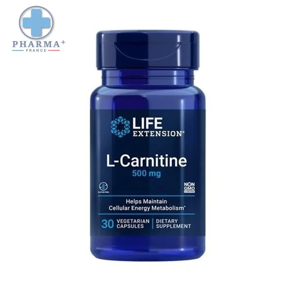 Bouteille en plastique bleu profond life extension l-carnitine 500 mg avec bouchon assorti complément alimentaire 30 gélules
