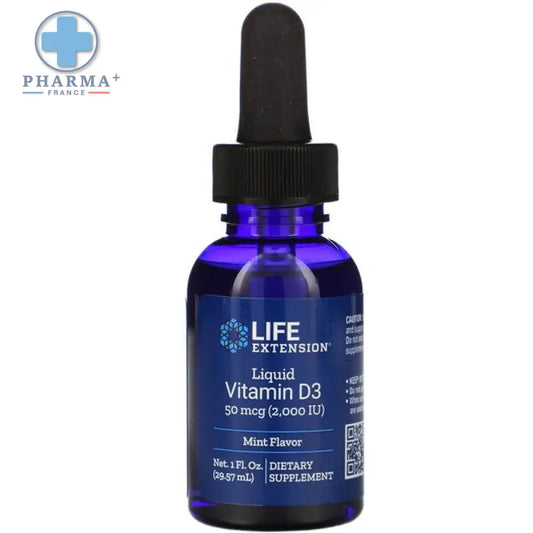 Bouteille en verre bleu foncé avec pipette noire contenant life extension liquide vitamine d3 saveur menthe 29,57 ml