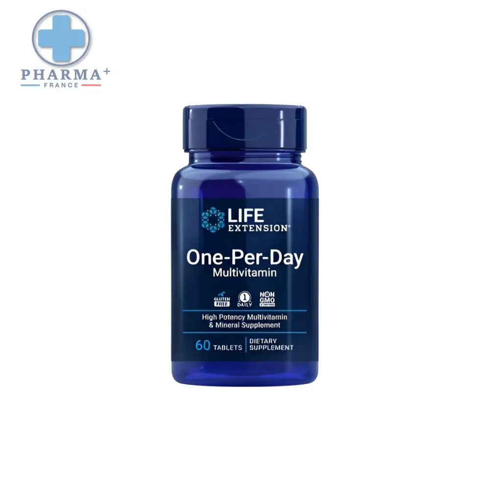Bouteille en plastique bleue foncée life extension one-per-day multivitamin avec bouchon assorti 60 gélules quotidiennes