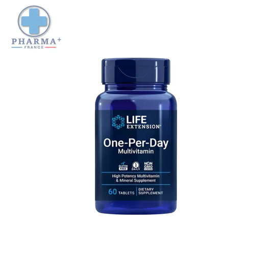 Bouteille en plastique bleue foncée life extension one-per-day multivitamin avec bouchon assorti 60 gélules quotidiennes