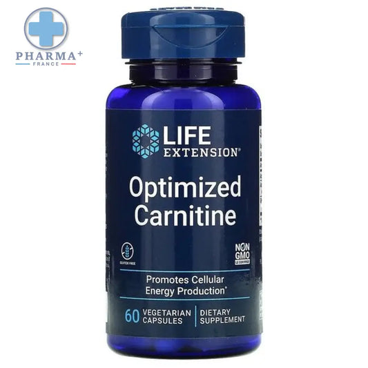 Bouteille en verre bleu life extension optimized carnitine complément alimentaire 60 capsules végétariennes avec bouchon bleu foncé