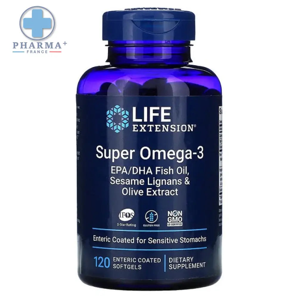 Bouteille bleue life extension super oméga 3 avec étiquette foncée détaillant epa dha poisson huile lignanes et olive