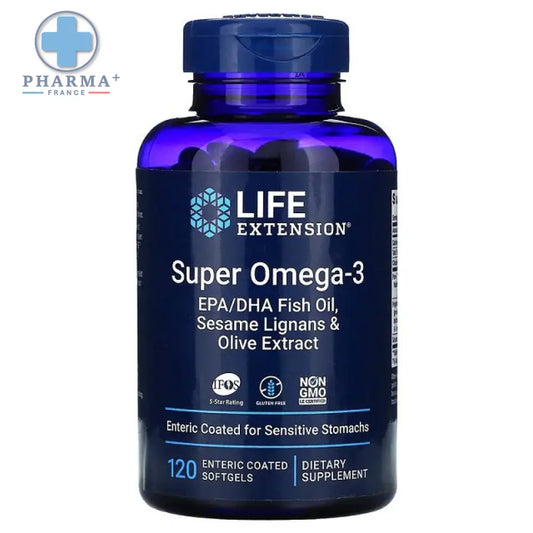 Bouteille bleue life extension super oméga 3 avec étiquette foncée détaillant epa dha poisson huile lignanes et olive