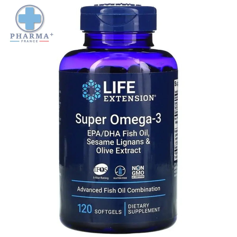 Bouteille bleue de life extension super oméga-3 epa dha huile de poisson avec 120 gélules souples