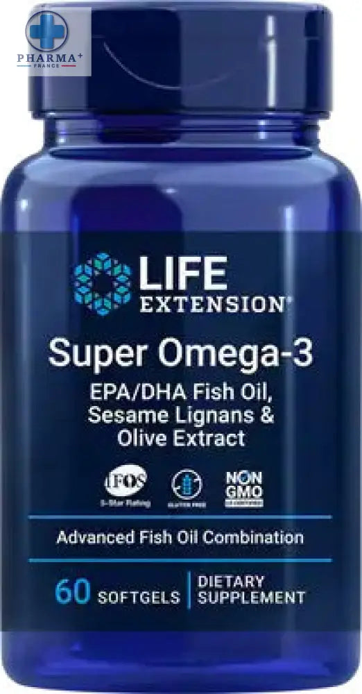 Bouteille bleue de life extension super oméga-3 epa dha avec lignanes contenant huile de poisson et extrait dolive