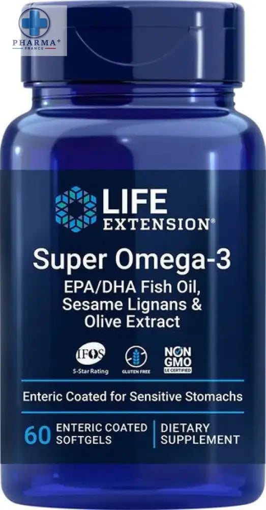 Bouteille bleue de life extension super oméga 3 epa dha avec lignanes contenant 60 gélules entériques