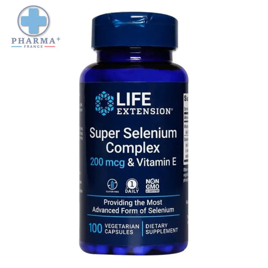 Bouteille bleue en plastique life extension super selenium complément alimentaire 100 capsules végétariennes