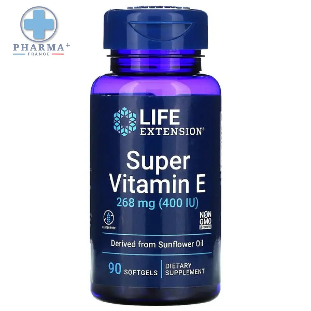 Bouteille bleue en plastique life extension super vitamine e 268 mg 90 gélules avec étiquette indiquant 268 mg 400 iu par gélule