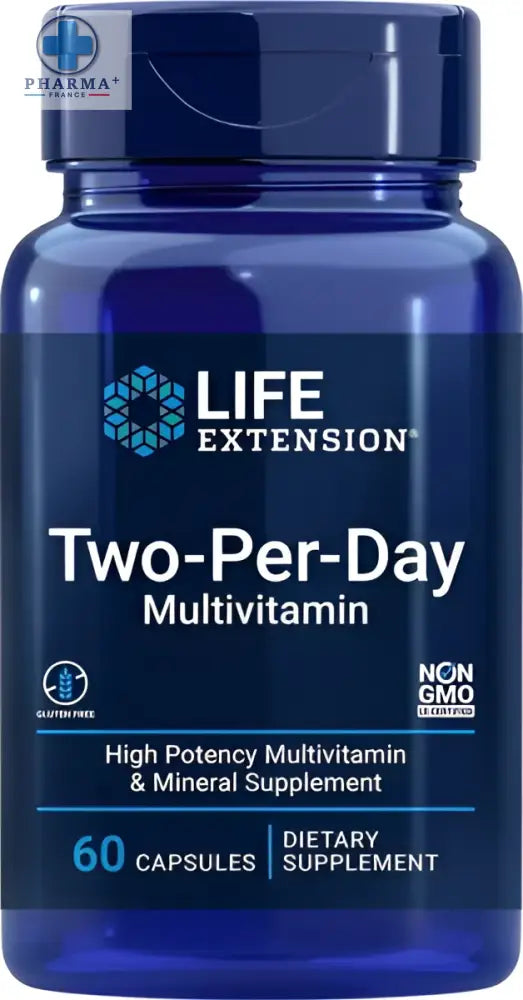 Bouteille bleue en plastique life extension two-per-day complément multivitaminé avec 60 gélules et étiquette assortie