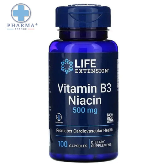 Bouteille bleue de vitamine b3 niacine life extension 500 mg 100 gélules pour santé cardiovasculaire
